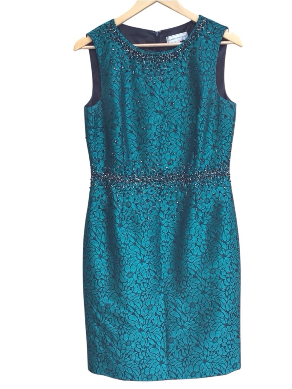 Katherine Kelly Green Black Floral Beaded Nanette Sheath Dress Size 8